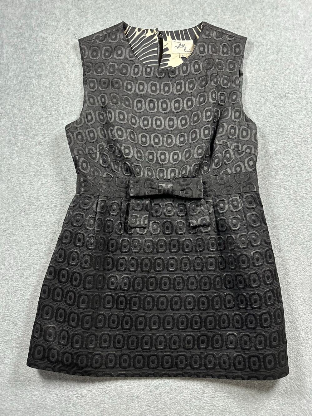 Milly New York Geometric Print Tunic Top 6 Black Sleeveless Bow Waist Silk Lined